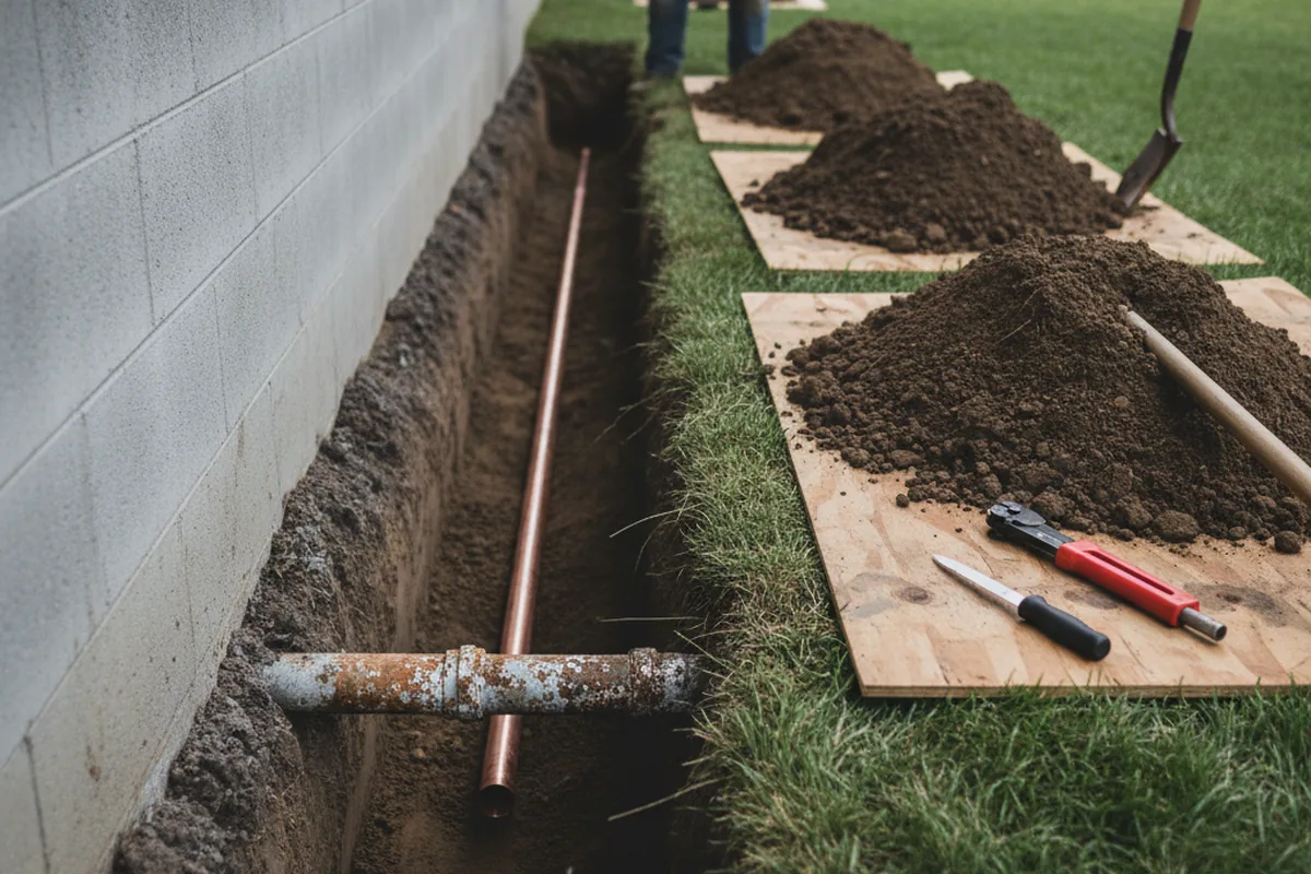 Excavated water line trench during Sewer Line Repair in Accord